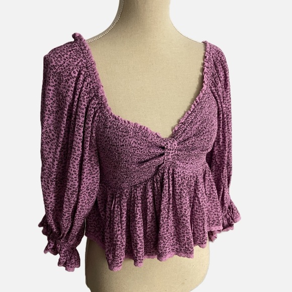 Free People Brittnee Print Smocked Peplum Top Purple Small Floral Smocked - Picture 11 of 11